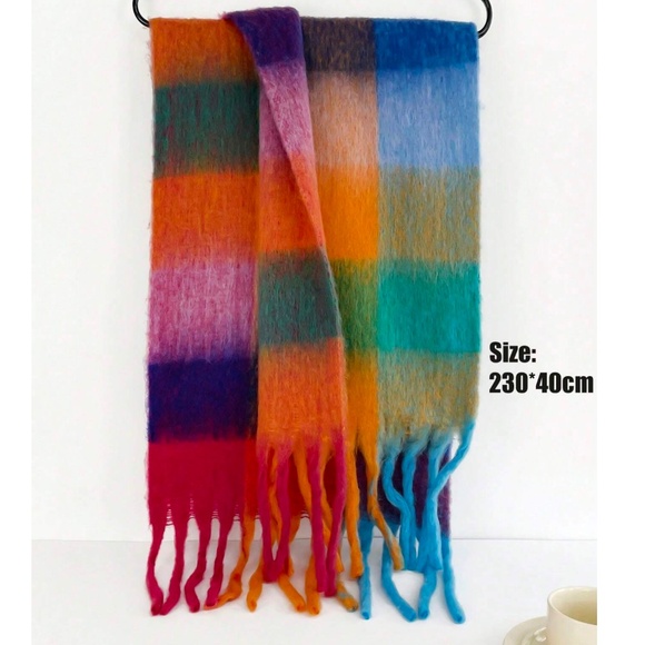 Cozy Multicolor Brushed Fabric Checkered Plaid Fringe Blanket Scarf - Picture 3 of 3